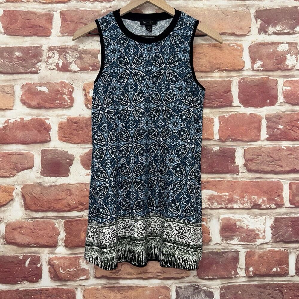 AB Studio Tunic Top Women's S Blue Multicolor Boho Floral Abstract Casual Shirt